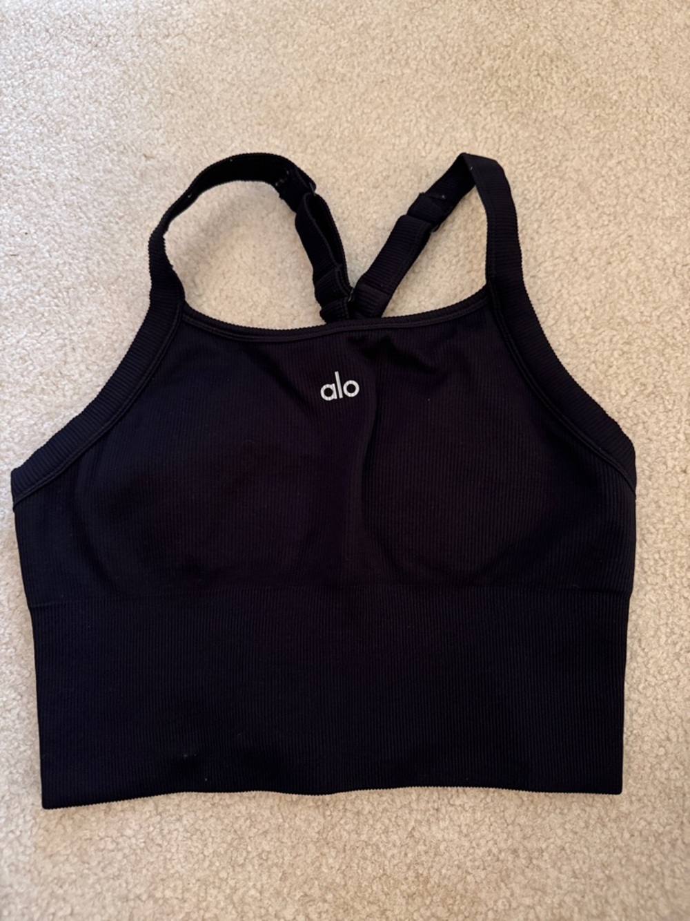 ALO Yoga Black Ribbed Adjustable-Strap Sports Bra